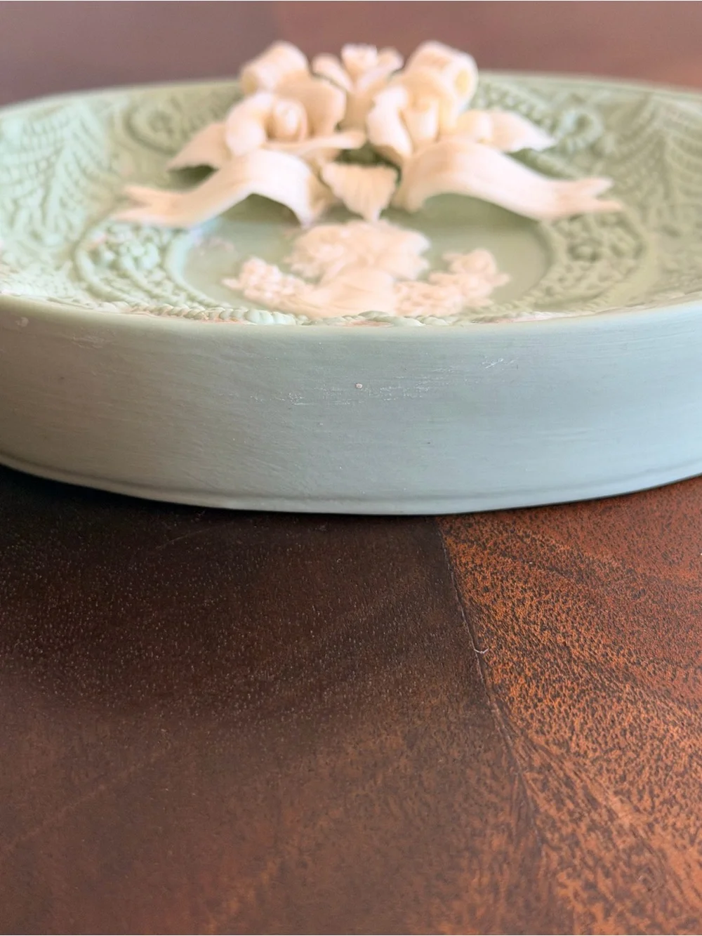 Vintage Mint Green Cameo Trinket Soap Dish with Roses Vanity Decor